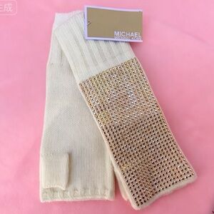 Michael Kors Women’s Cream & Gold Studded Fingerless Knit Gloves Winter Bling
